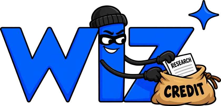 Satirical illustration of the Wiz logo as a masked burglar putting a research paper into a bag labelled CREDIT; from phpbleed.com